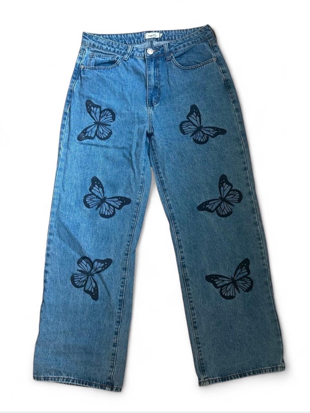Y2K Wide Leg Jeans Black Butterfly Print Fairycore Denim Size 14